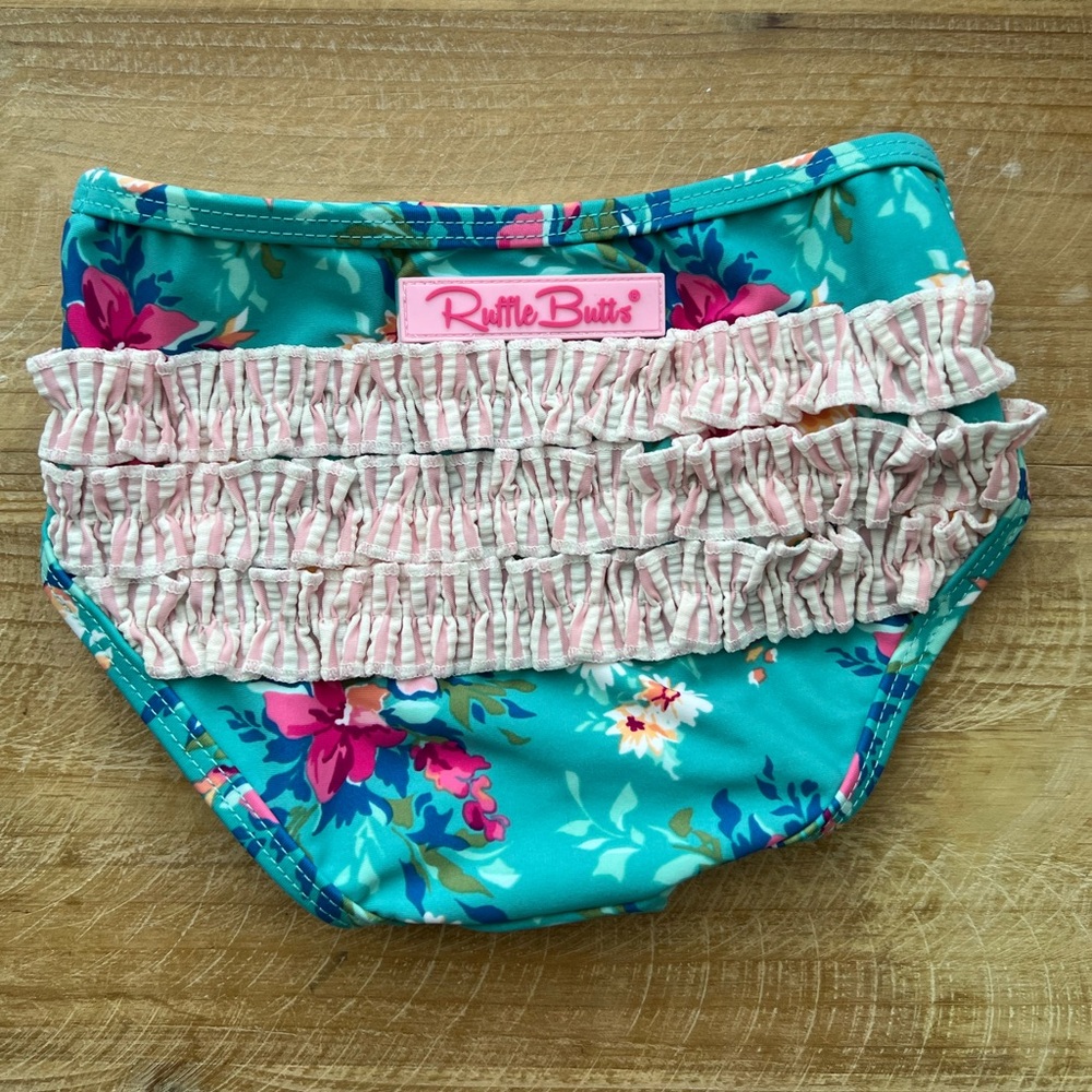 Ruffle Butts Blue Floral Bottom with Pink Seersucker Trim New